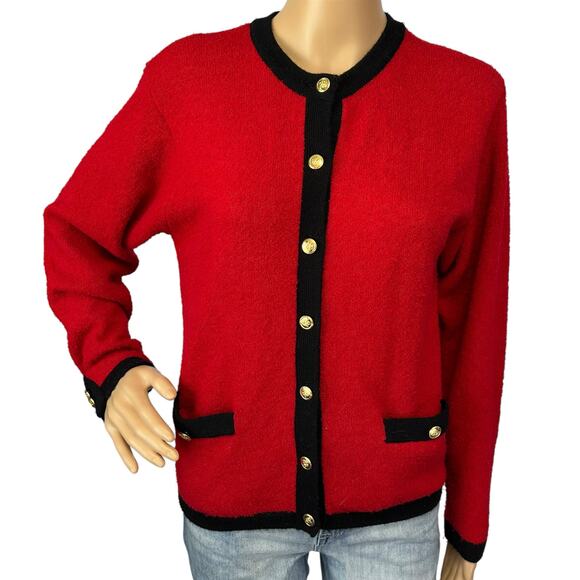 Talbots Boiled Wool Blend Sweater Red Black w/ Gold Button Front Size S - Picture 1 of 10